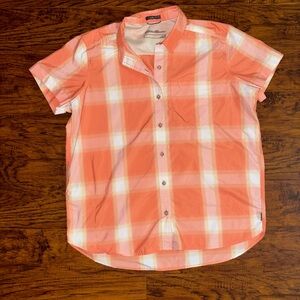 Eddie Bauer Orange Plaid Short Sleeve Button Down Mountain Nylon Hiking Shirt